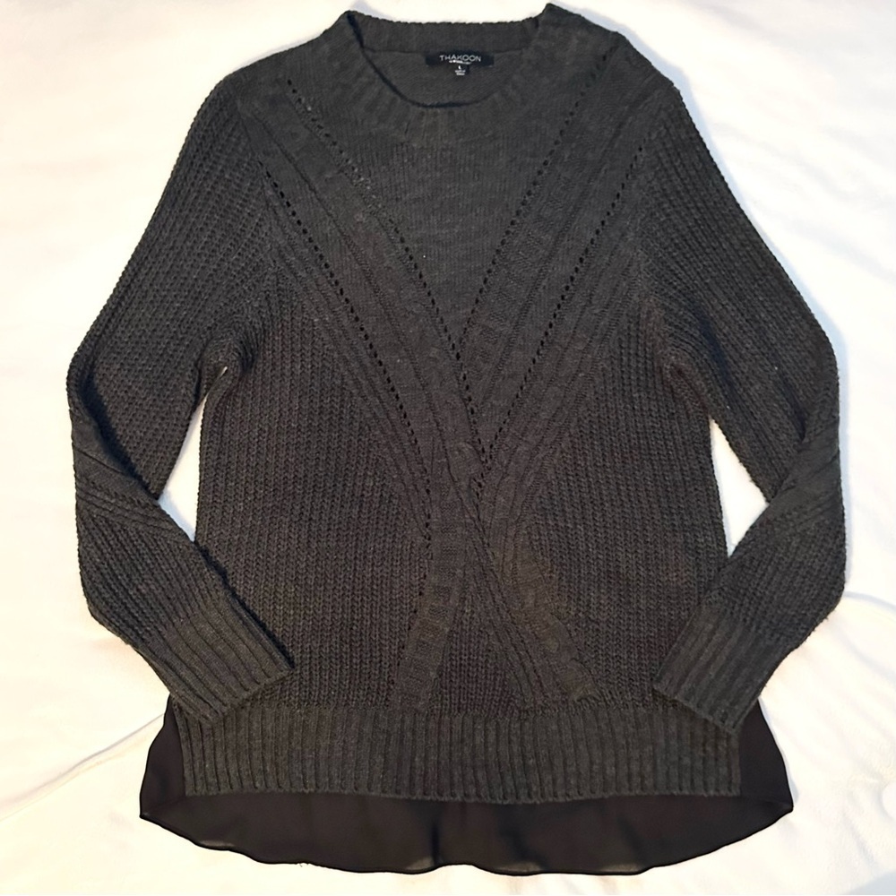 THAKOON Charcoal Gray Chiffon Tail Back Hi Lo Sweater Womens L Pullover Knit